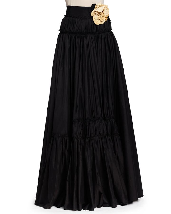 Lanvin Long Tiered A-line Skirt With Rosettes, Black, Women's,