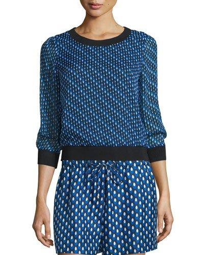 Carenza Diagonal Dots Silk Top, Black/blue