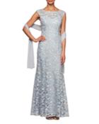Floral Embroidered Cap-sleeve Bateau-neck Long Illusion Dress W/