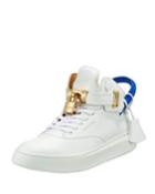 Men's 100mm Leather Mid-top Sneaker, White Neon/blue