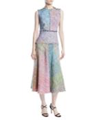 Sleeveless Metallic Multi-tweed Mid-length Dress W/ Fringe Trim