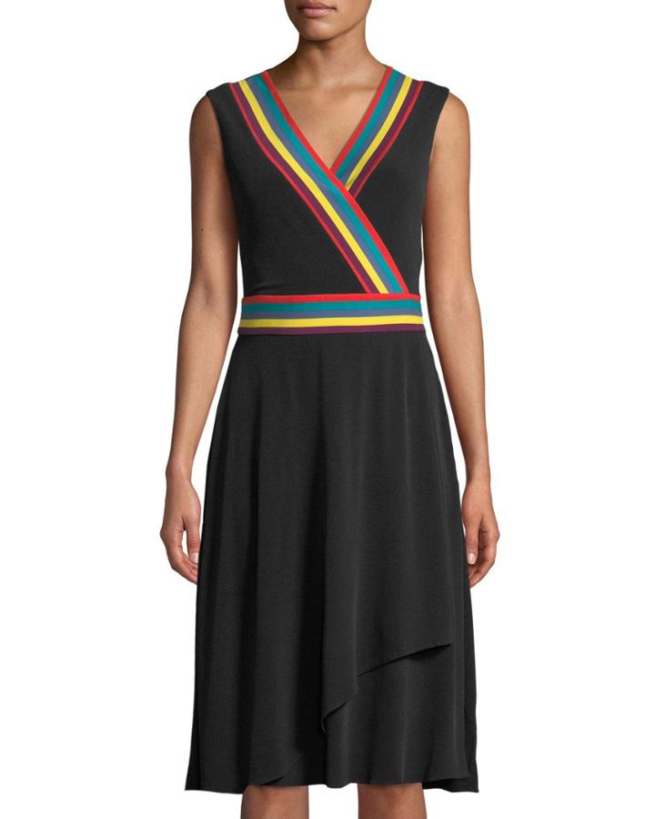 Multicolor Striped-trim Sleeveless Wrap Dress