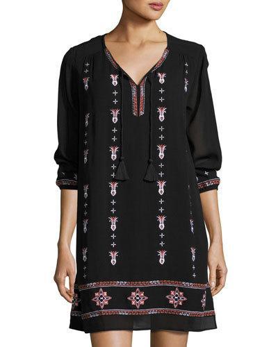 3/4-sleeve Split-neck Embroidered Dress, Black