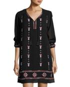 3/4-sleeve Split-neck Embroidered Dress, Black