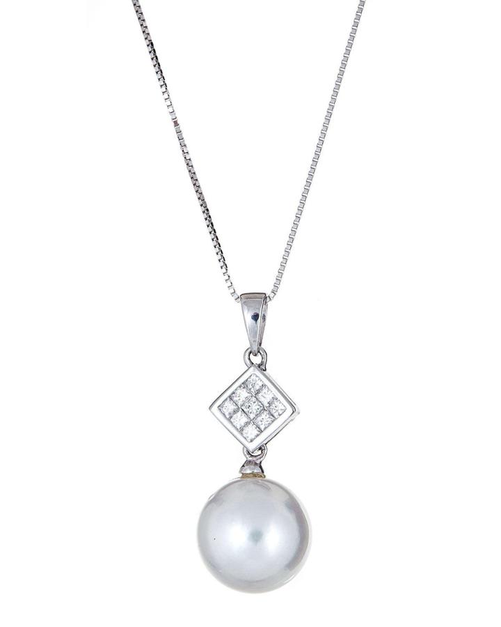 14k White Gold Diamond Grid And Pearl Necklace, White
