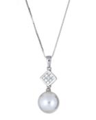 14k White Gold Diamond Grid And Pearl Necklace, White