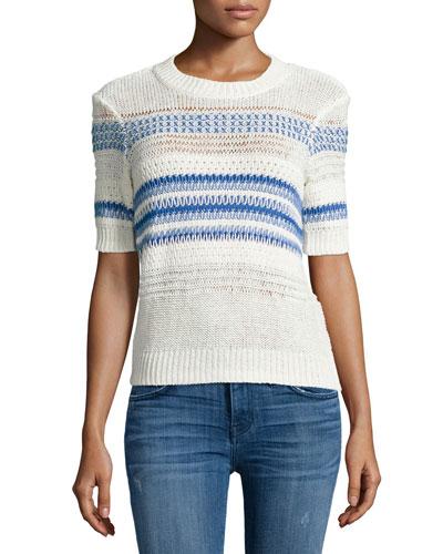 Linen-cotton Blend Striped Sweater, Blue Horizon