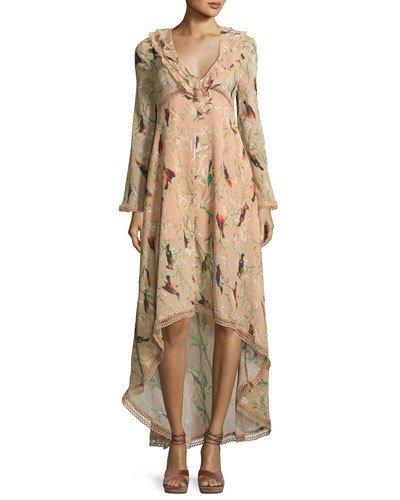 Hummingbird-print High-low Dress, Orange Pattern