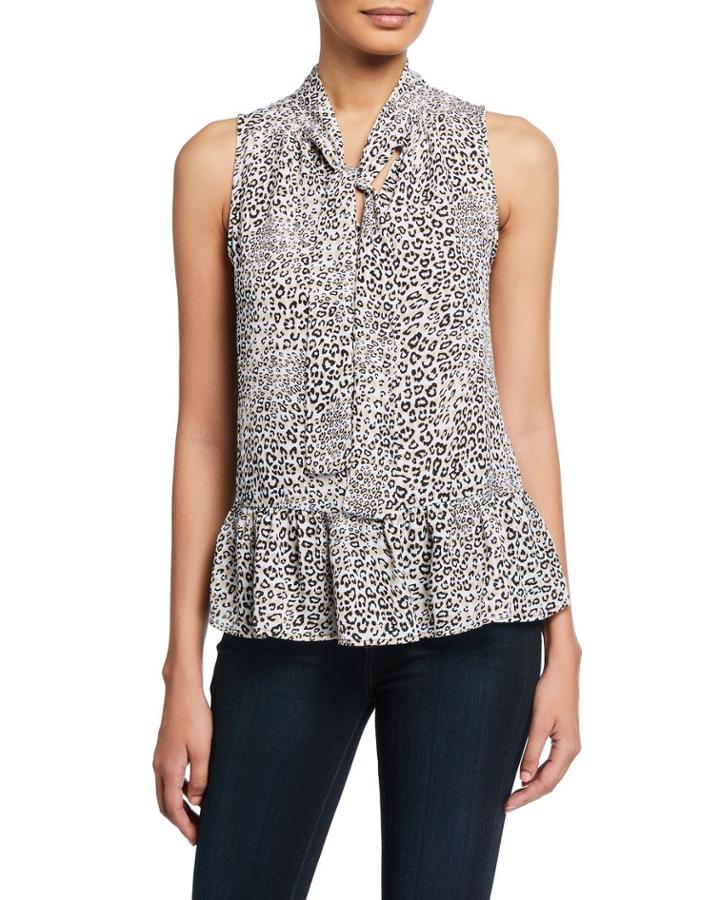 Leopard-print Georgette Tie-neck Sleeveless Blouse