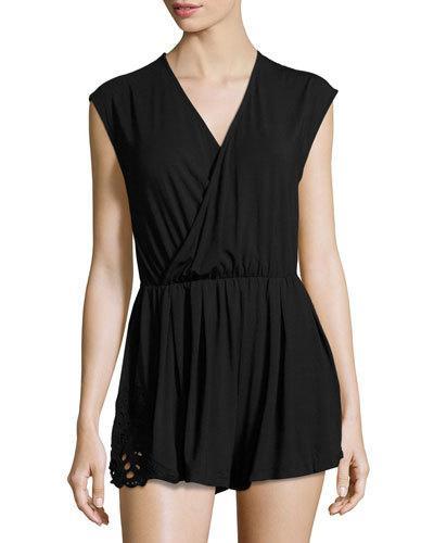Plunging V-neck Jersey Romper, Black