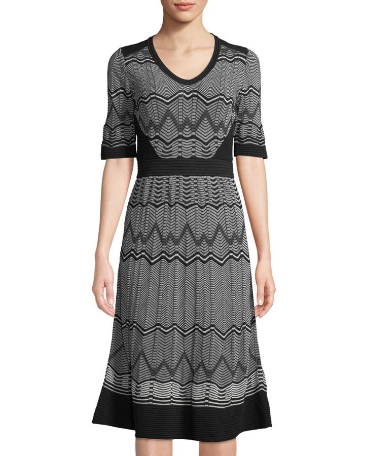 Chevron-striped Short-sleeve Midi Dress, Black