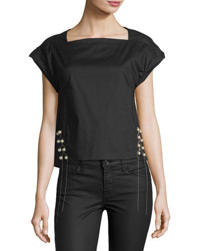 Short-sleeve Top W/pearly Buttons