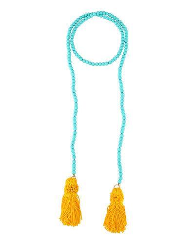 Beaded Rope Necklace W/ Tassel Ends, Turquoise
