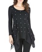 Beaded Scoop-neck Handkerchief-hem Top, Black