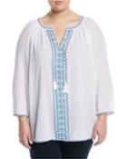 Embroidered 3/4-sleeve Peasant Blouse,