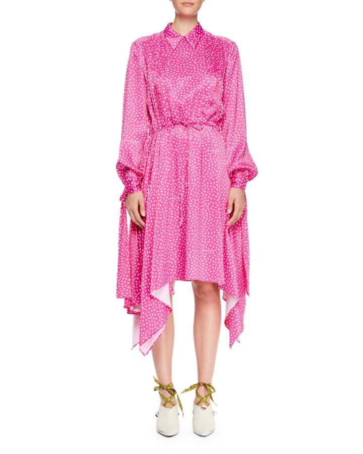 Dot-print Drawstring Satin Dress With Hanky Hem