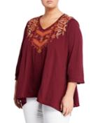 Ellim 3/4-sleeve Embroidered Drape Knit Top,