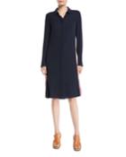 Long-sleeve Button-front Racing-stripe Wool Shirtdress W/ Zip