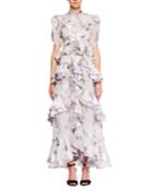 Twist-neck Floral-jacquard Long Dress With Tiered Frills