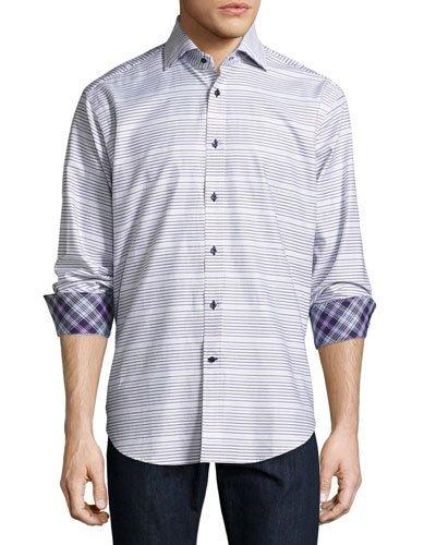 Striped Long-sleeve Sport Shirt, Dark Gray