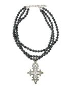 Triple-strand Collar Necklace W/ Cross Pendant, Gray