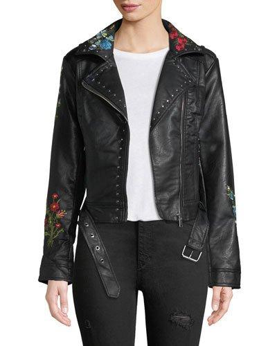 Floral-embroidered Moto-style Jacket