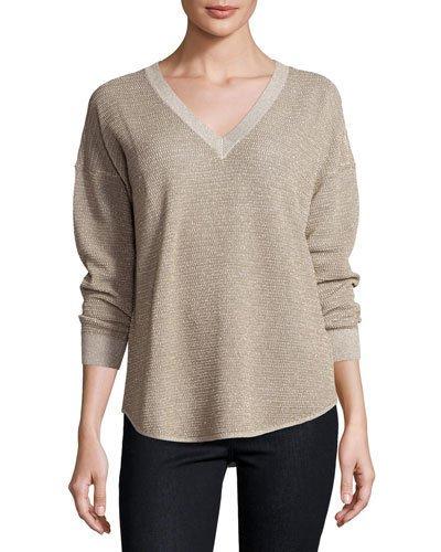 Chyanne Metallic V-neck Sweater, Mushroom/bronze