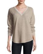 Chyanne Metallic V-neck Sweater, Mushroom/bronze