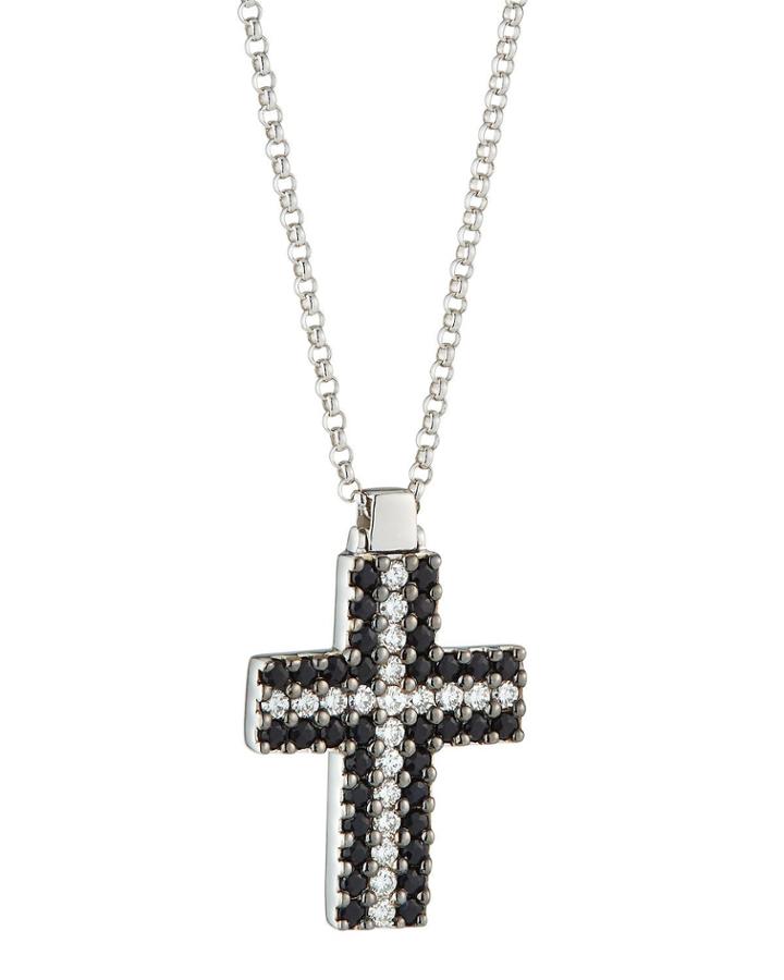 18k White Gold Black Sapphire Cross Necklace W/ Diamonds