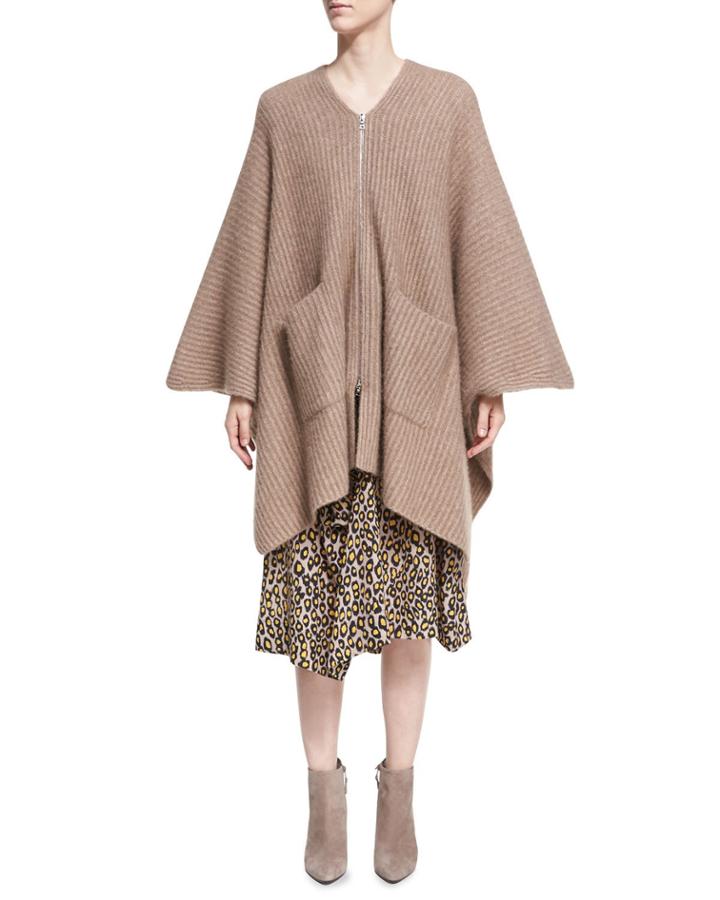 Ribbed Cashmere-silk Zip-front Poncho, Beige
