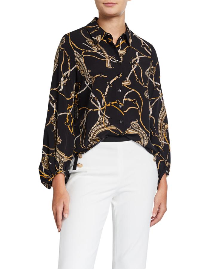 Long-sleeve Belt-print Blouse
