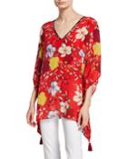 Vega Floral-print V-neck Silk Tunic With Tassel Trim
