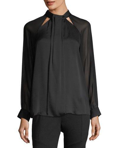 Chiffon-sleeve High-neck Blouse