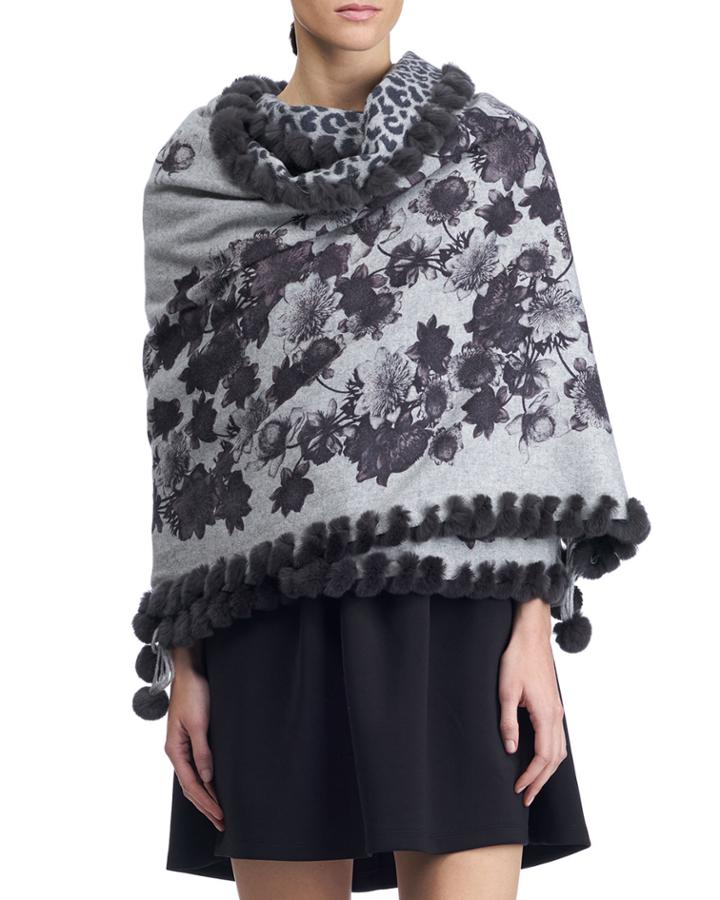 Printed Cashmere Stole W/ Rex Rabbit Fur Trim