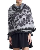 Printed Cashmere Stole W/ Rex Rabbit Fur Trim