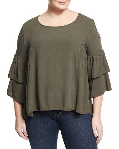 Cold-shoulder Ruffled Top, Green,