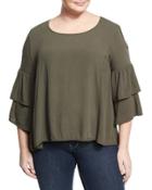 Cold-shoulder Ruffled Top, Green,