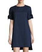 Short-sleeve Shift Dress W/ Grommets & Ties, Navy
