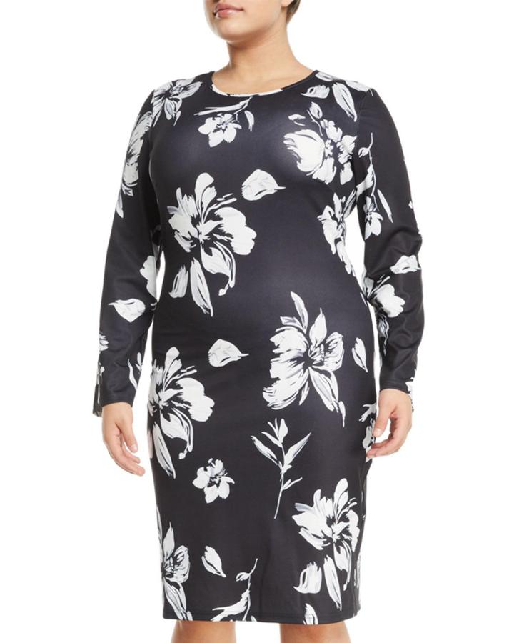 Long-sleeve Floral-print Sheath Dress,