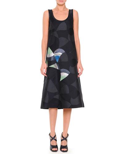 Metallic Fan-detailed Jacquard Tank Dress