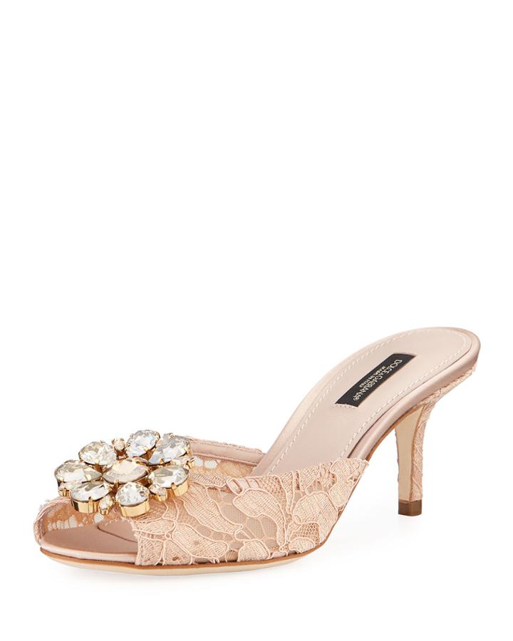 Keria Jeweled Lace Low-heel Slide Sandals,