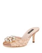 Keria Jeweled Lace Low-heel Slide Sandals,