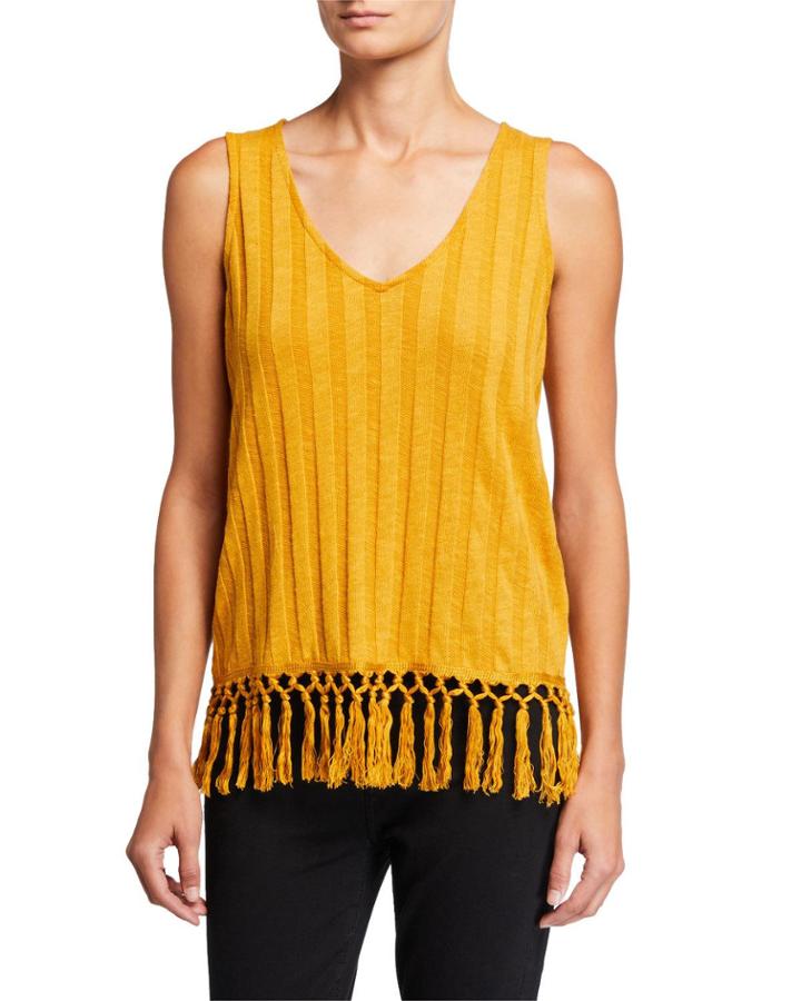 V-neck Ribbed Tank With Tassel Hem