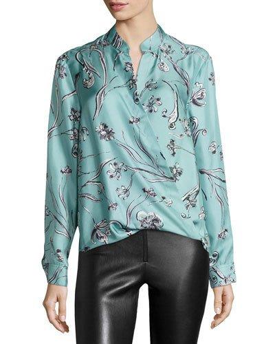 Floral-print Draped Silk Blouse, Teal