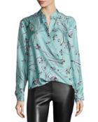 Floral-print Draped Silk Blouse, Teal
