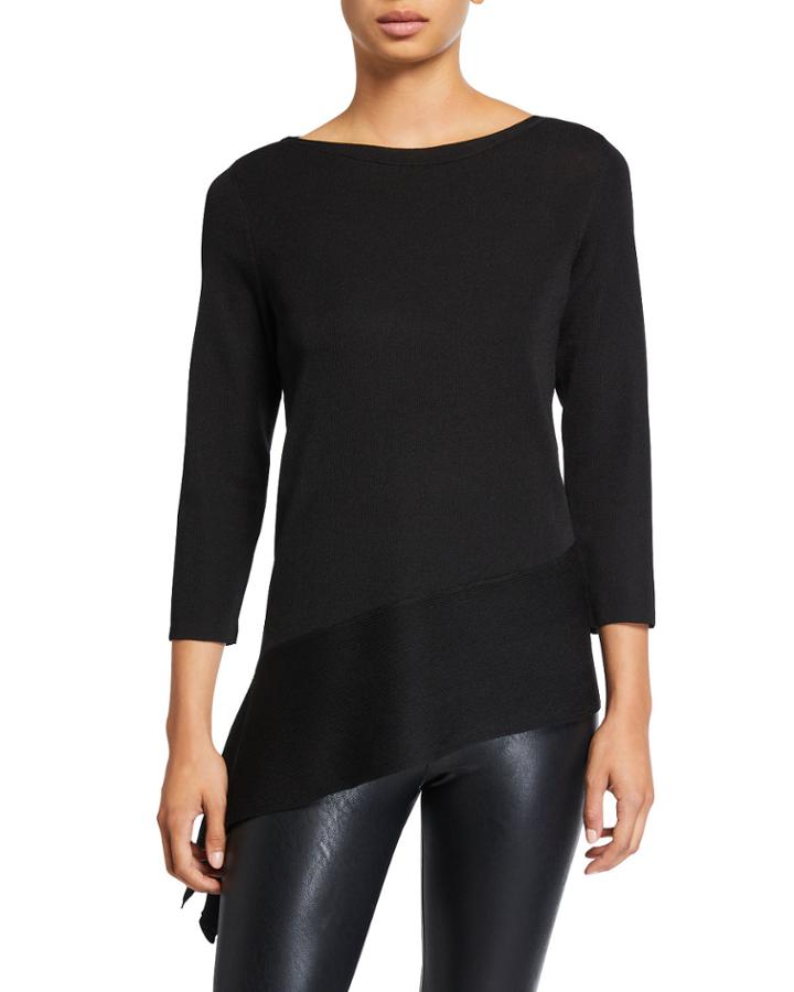 Ribbed 3/4-sleeve Asymmetric Pullover