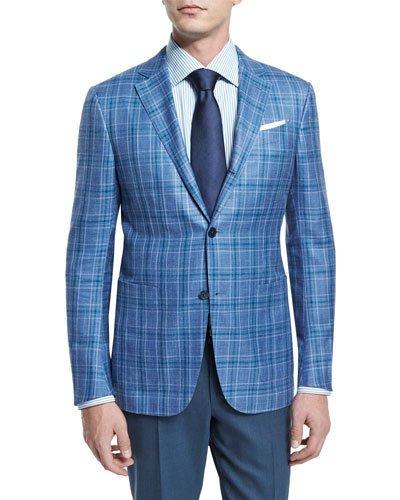 Plaid Two-button Jacket, Light Blue/green