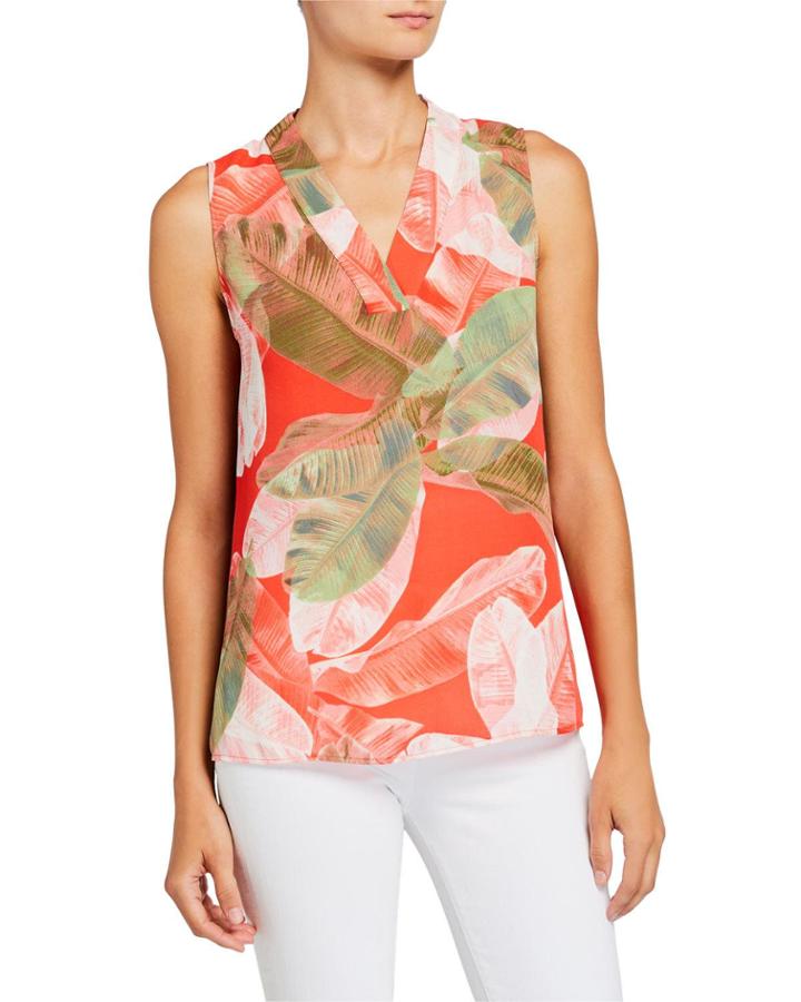 V-neck Sleeveless Tropical Print Blouse