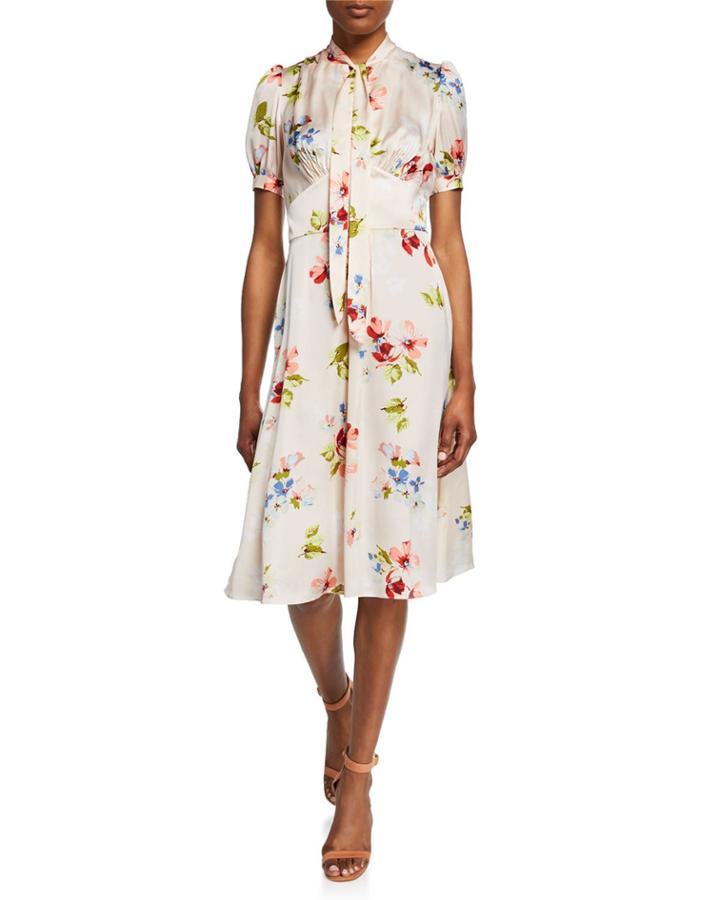 Blush Floral-print Tie-neck Short-sleeve Dress