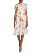 Blush Floral-print Tie-neck Short-sleeve Dress